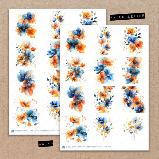 A4 and US Letter format comparison showing Abstract Flowers in Orange and Blue fussy cut pages for print and cut crafting