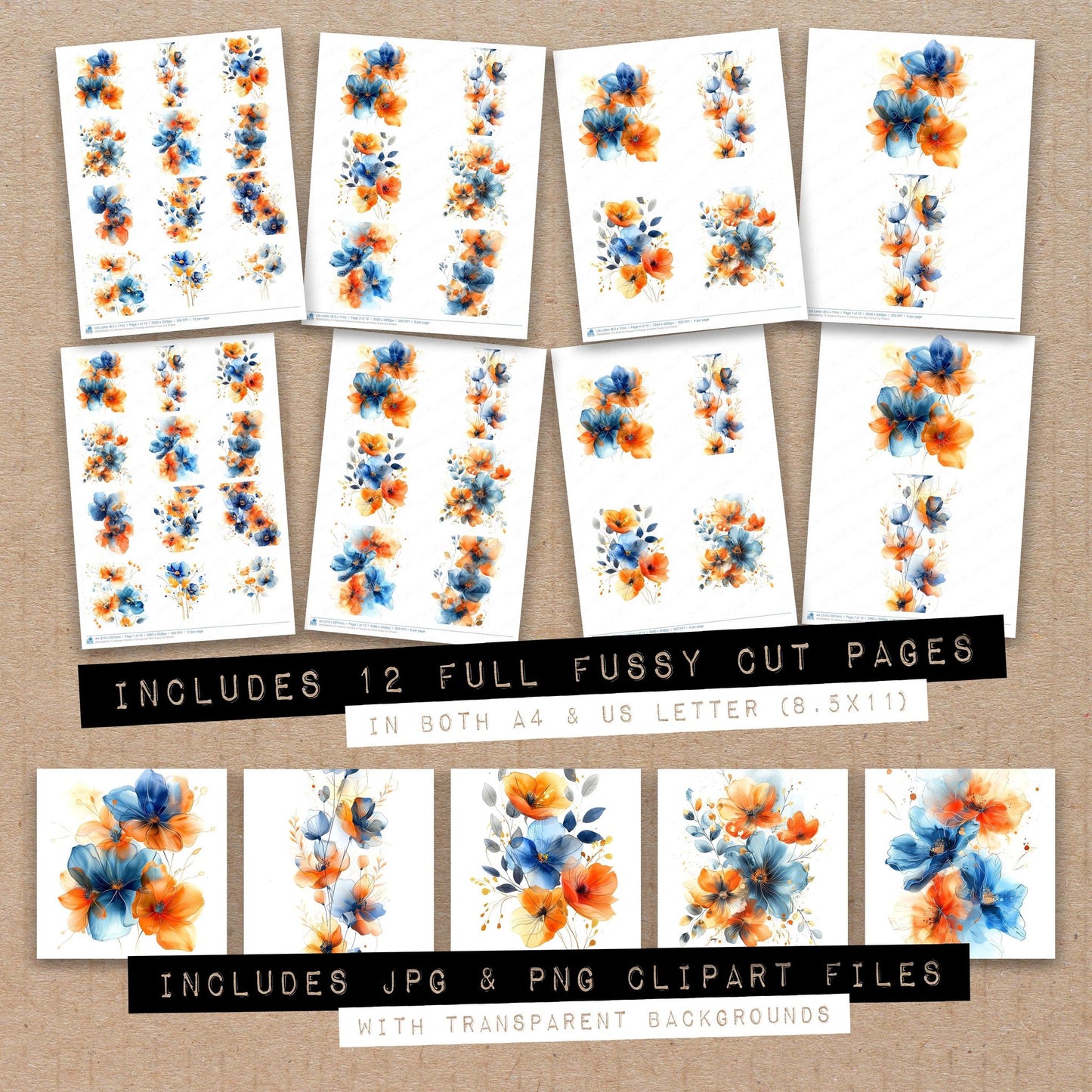 Full collection view of Abstract Flowers in Orange and Blue fussy cut sheets with bonus clipart JPG and PNG files
