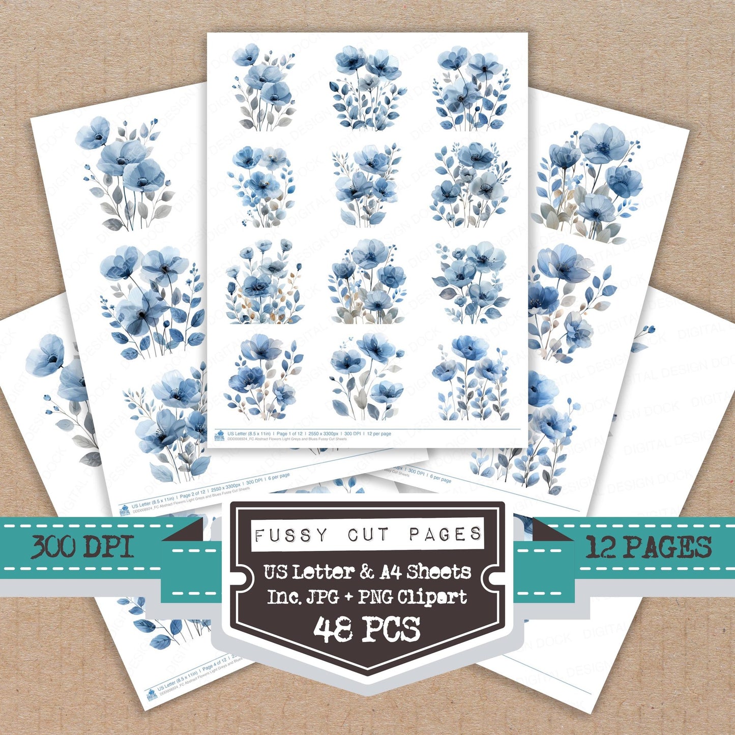 Abstract Flowers Light Greys and Blues fussy cut printable sheets for junk journaling, scrapbooking, and paper craft projects