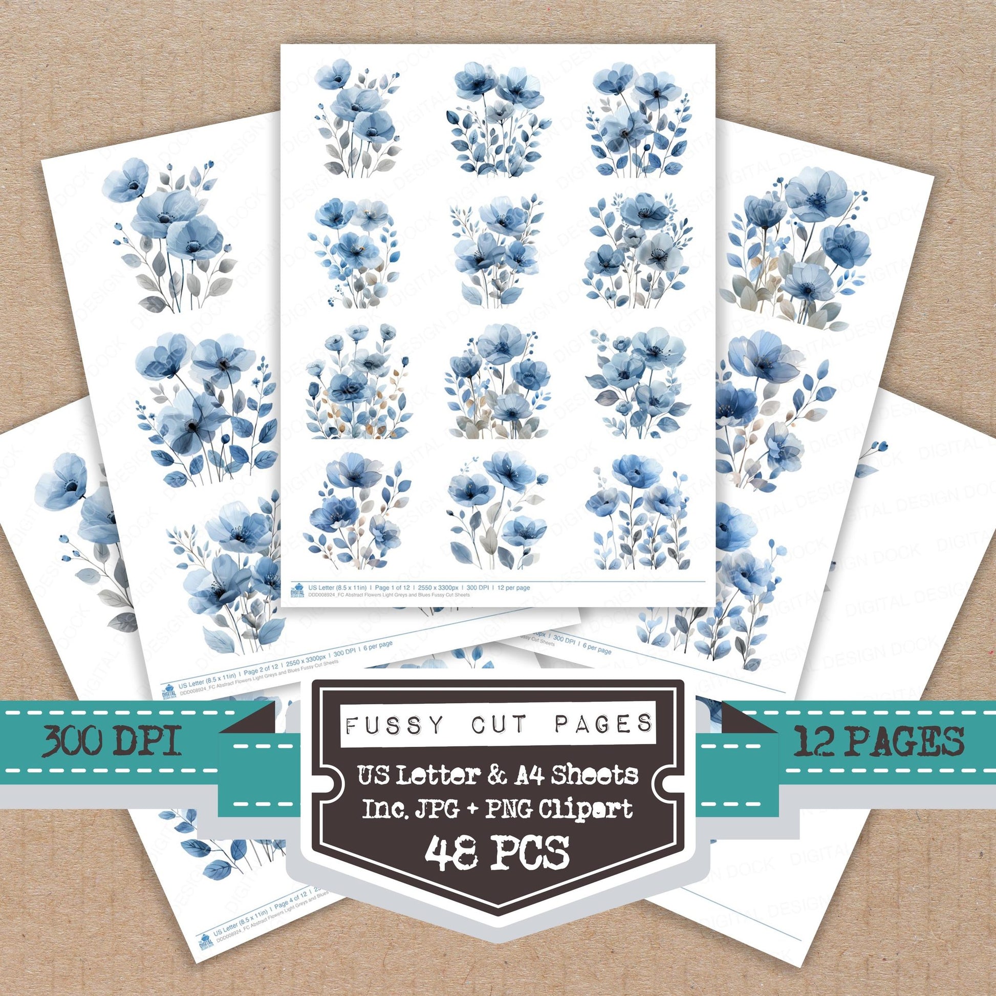 Abstract Flowers Light Greys and Blues fussy cut printable sheets for junk journaling, scrapbooking, and paper craft projects