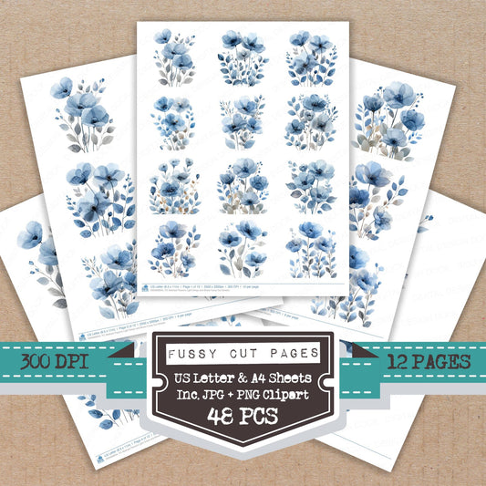 Abstract Flowers Light Greys and Blues fussy cut printable sheets for junk journaling, scrapbooking, and paper craft projects