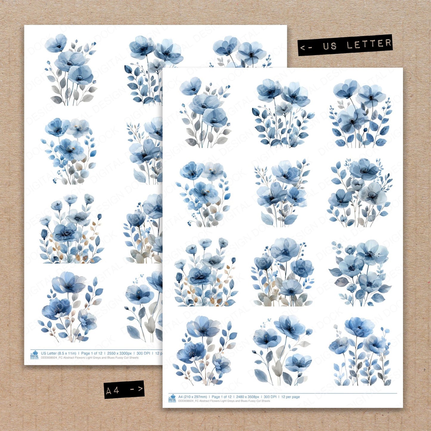 A4 and US Letter format comparison showing Abstract Flowers Light Greys and Blues fussy cut pages for print and cut crafting