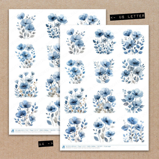 A4 and US Letter format comparison showing Abstract Flowers Light Greys and Blues fussy cut pages for print and cut crafting