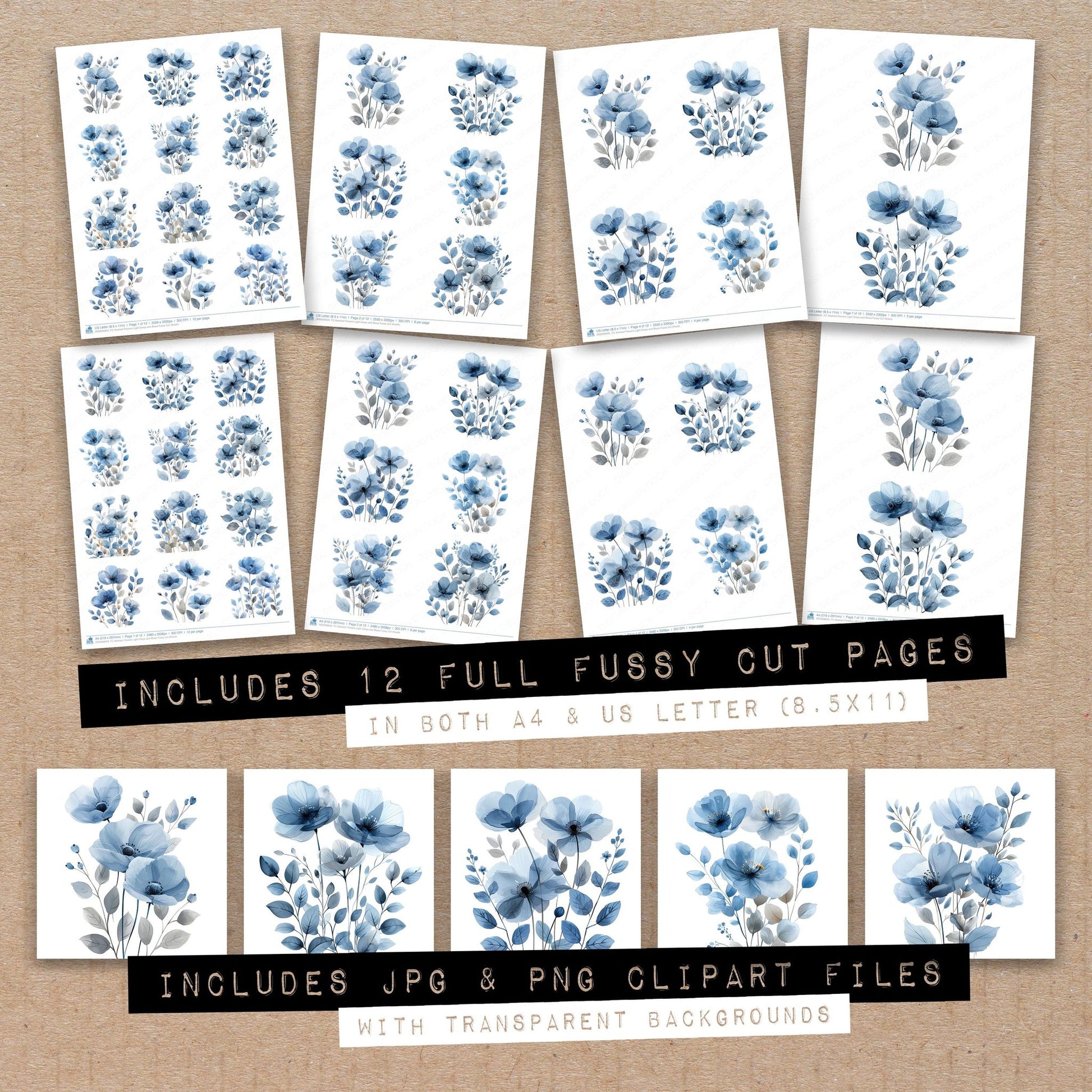 Full collection view of Abstract Flowers Light Greys and Blues fussy cut sheets with bonus clipart JPG and PNG files