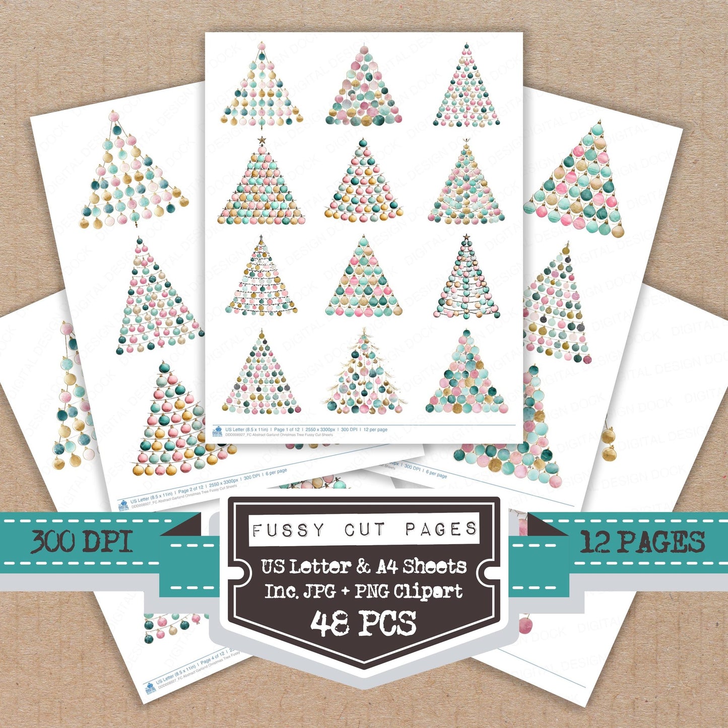 Abstract Garland Christmas Tree fussy cut printable sheets for junk journaling, scrapbooking, and paper craft projects