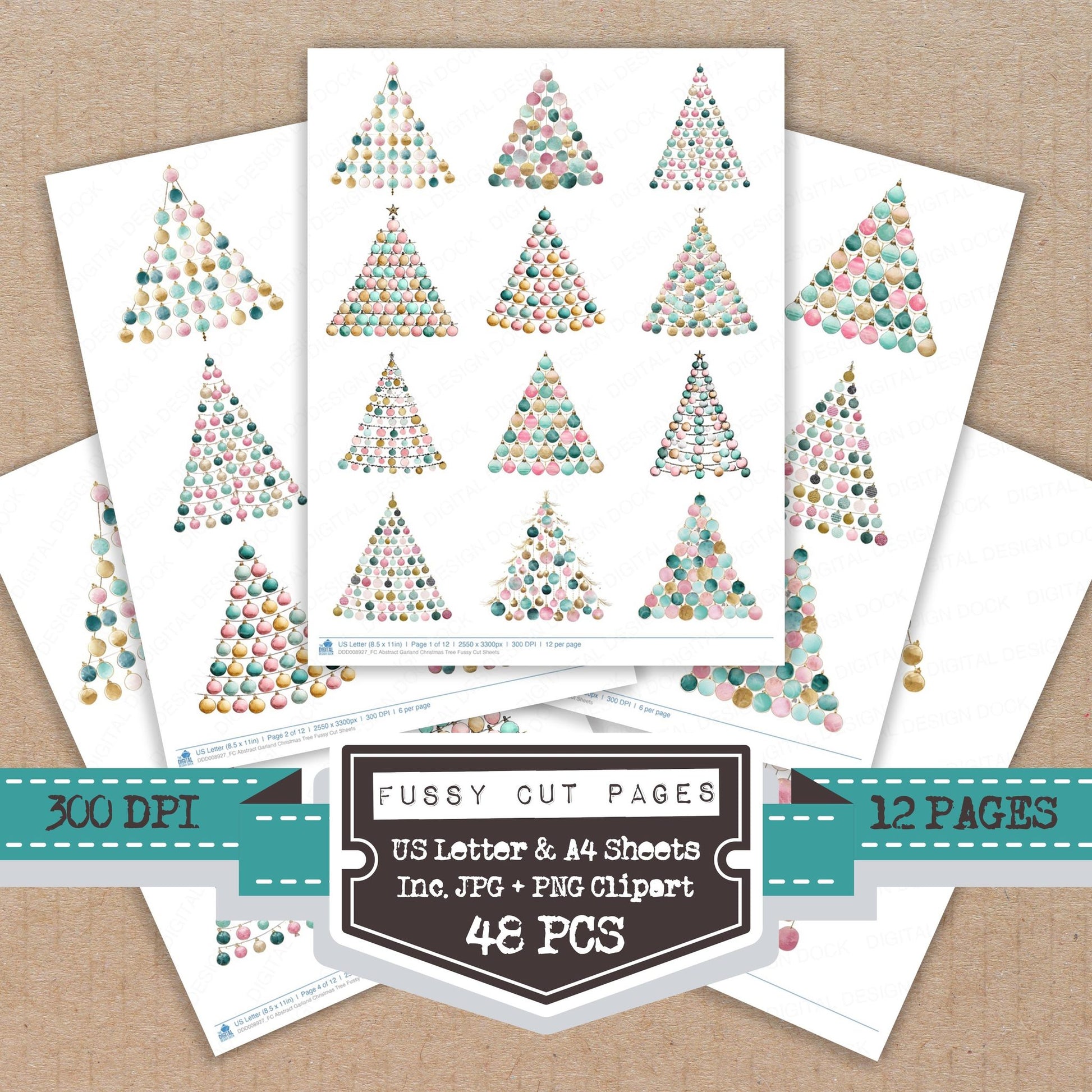 Abstract Garland Christmas Tree fussy cut printable sheets for junk journaling, scrapbooking, and paper craft projects