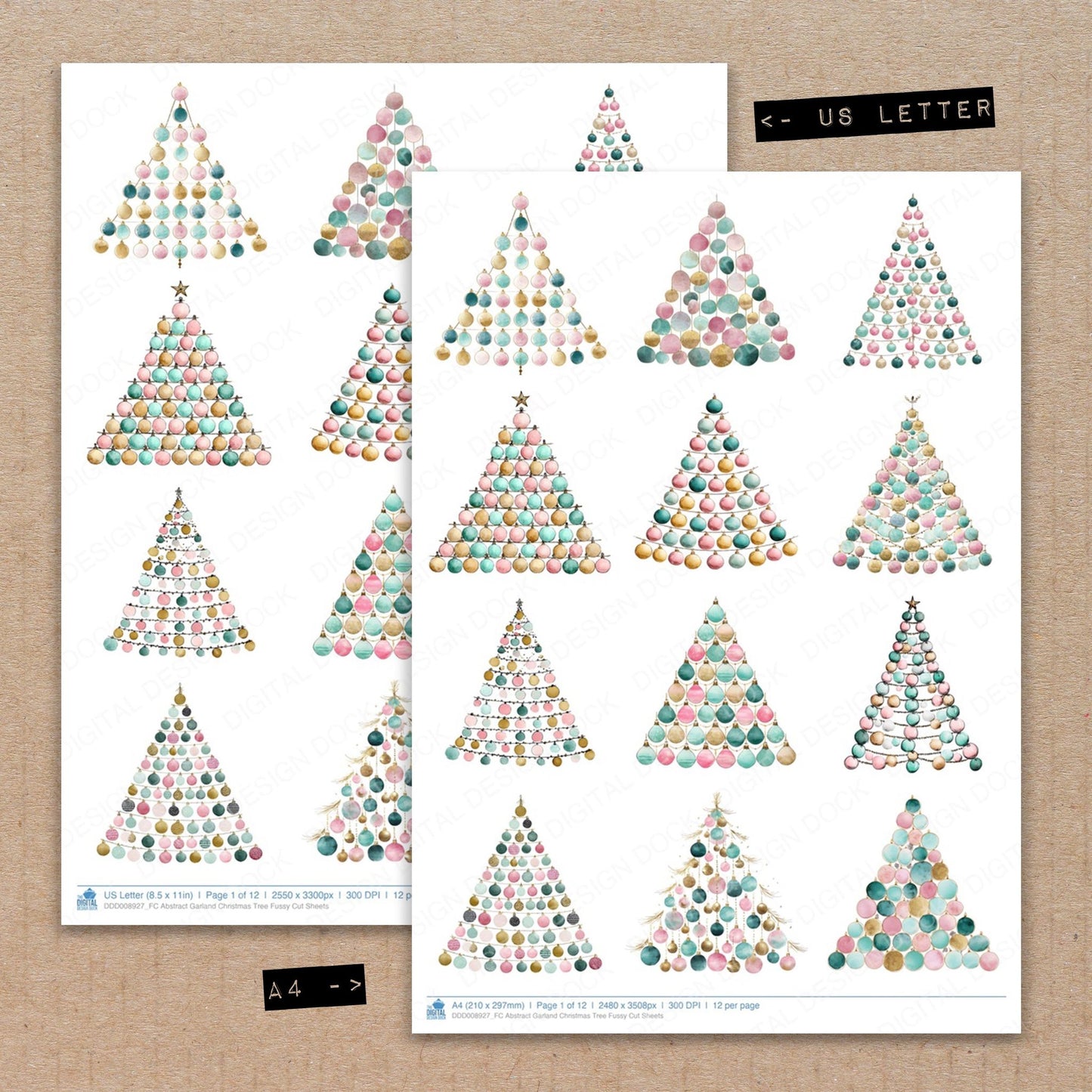 A4 and US Letter format comparison showing Abstract Garland Christmas Tree fussy cut pages for print and cut crafting