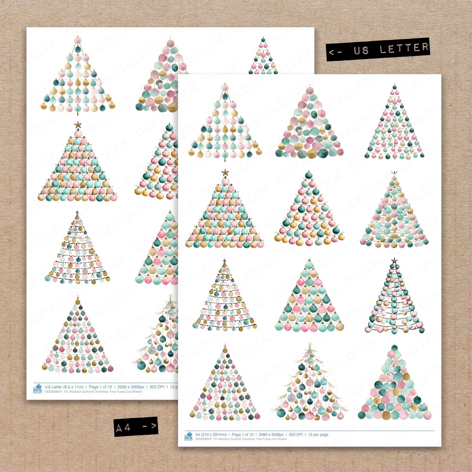 A4 and US Letter format comparison showing Abstract Garland Christmas Tree fussy cut pages for print and cut crafting