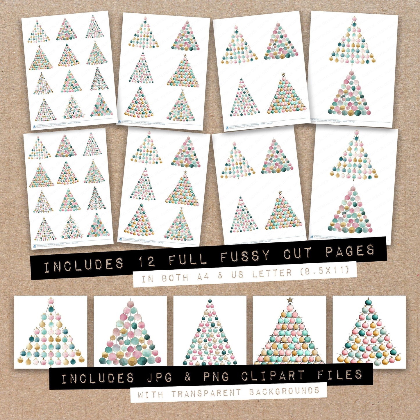 Full collection view of Abstract Garland Christmas Tree fussy cut sheets with bonus clipart JPG and PNG files