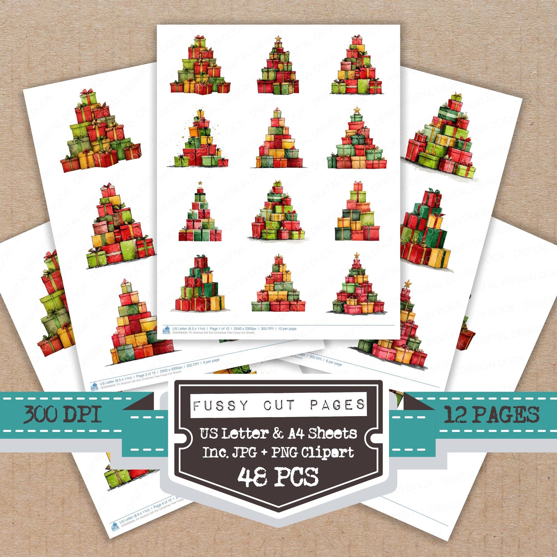 Abstract Gift Box Christmas Tree fussy cut printable sheets for junk journaling, scrapbooking, and paper craft projects