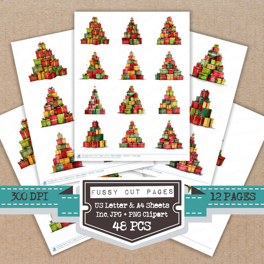 Abstract Gift Box Christmas Tree fussy cut printable sheets for junk journaling, scrapbooking, and paper craft projects