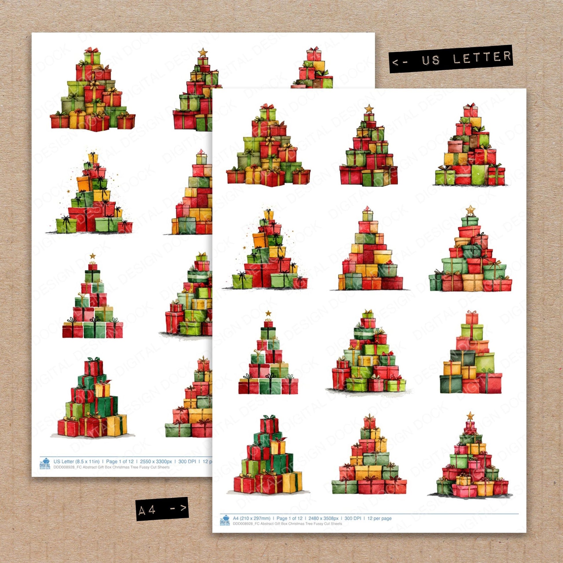 A4 and US Letter format comparison showing Abstract Gift Box Christmas Tree fussy cut pages for print and cut crafting
