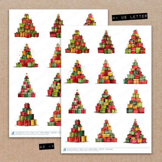 A4 and US Letter format comparison showing Abstract Gift Box Christmas Tree fussy cut pages for print and cut crafting