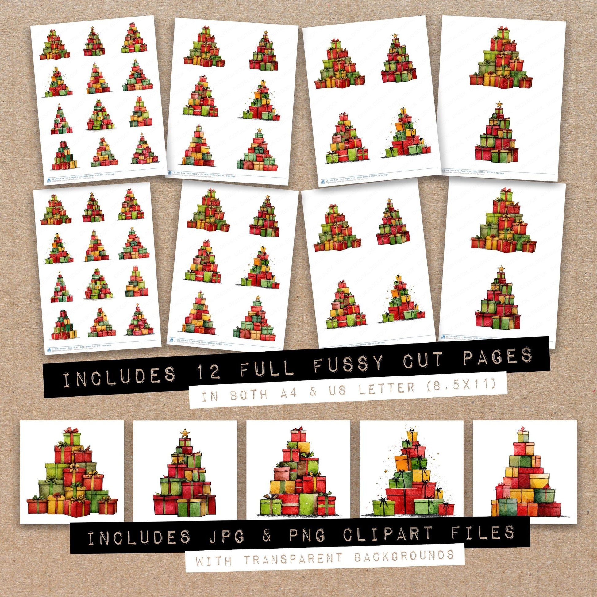 Full collection view of Abstract Gift Box Christmas Tree fussy cut sheets with bonus clipart JPG and PNG files