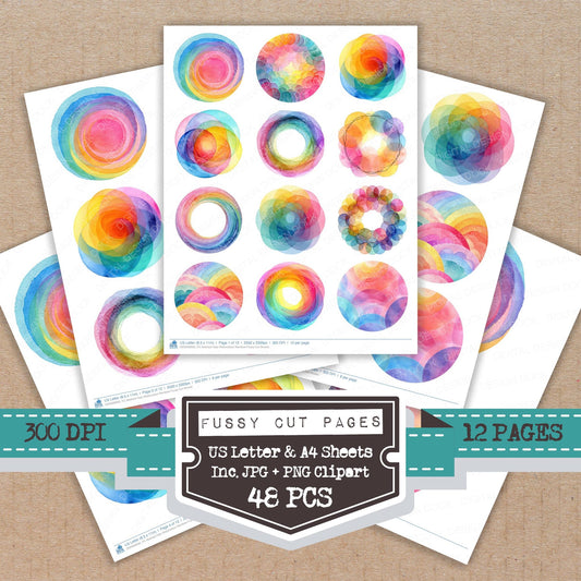 Abstract Halo Watercolour Rainbow fussy cut printable sheets for junk journaling, scrapbooking, and paper craft projects