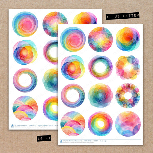 A4 and US Letter format comparison showing Abstract Halo Watercolour Rainbow fussy cut pages for print and cut crafting