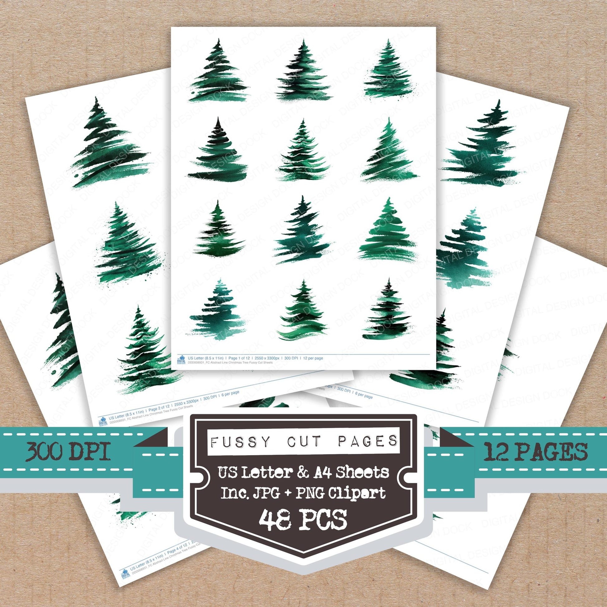Abstract Line Christmas Tree fussy cut printable sheets for junk journaling, scrapbooking, and paper craft projects