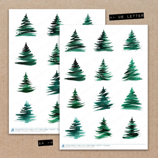 A4 and US Letter format comparison showing Abstract Line Christmas Tree fussy cut pages for print and cut crafting