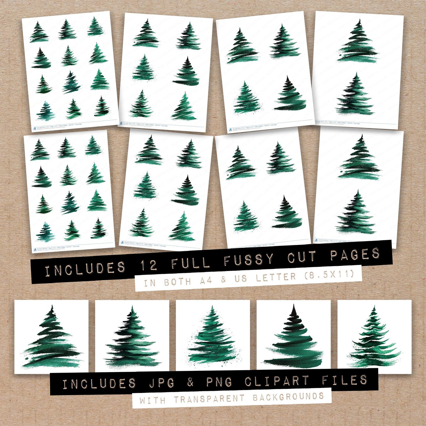 Full collection view of Abstract Line Christmas Tree fussy cut sheets with bonus clipart JPG and PNG files