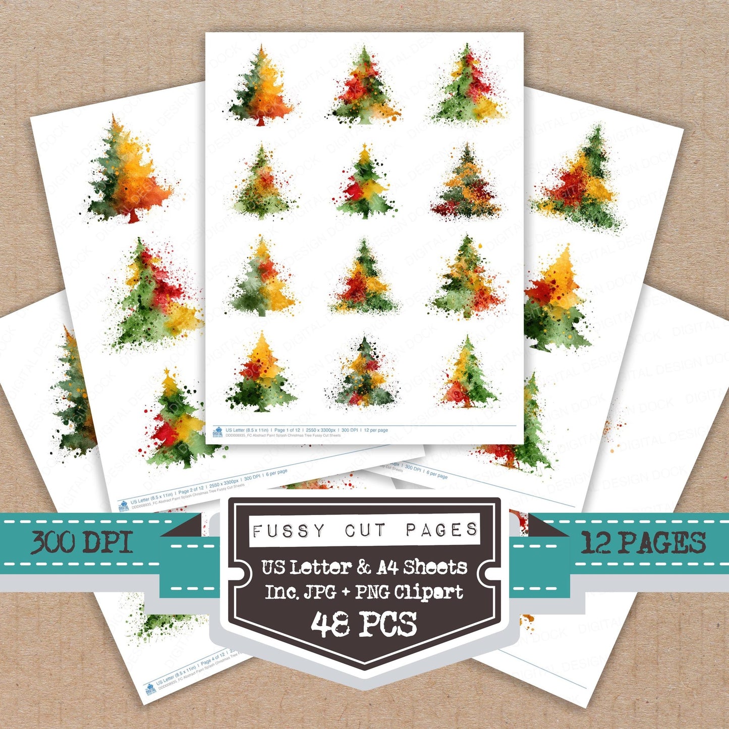 Abstract Paint Splash Christmas Tree fussy cut printable sheets for junk journaling, scrapbooking, and paper craft projects