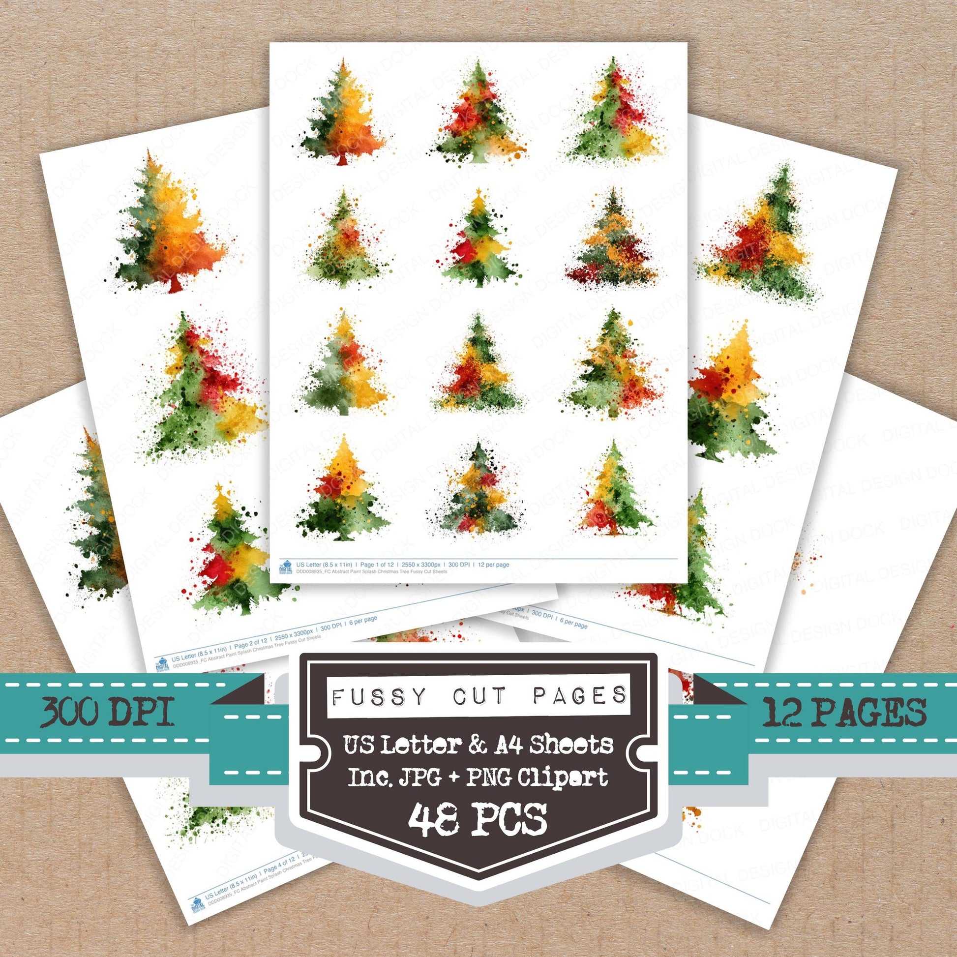 Abstract Paint Splash Christmas Tree fussy cut printable sheets for junk journaling, scrapbooking, and paper craft projects