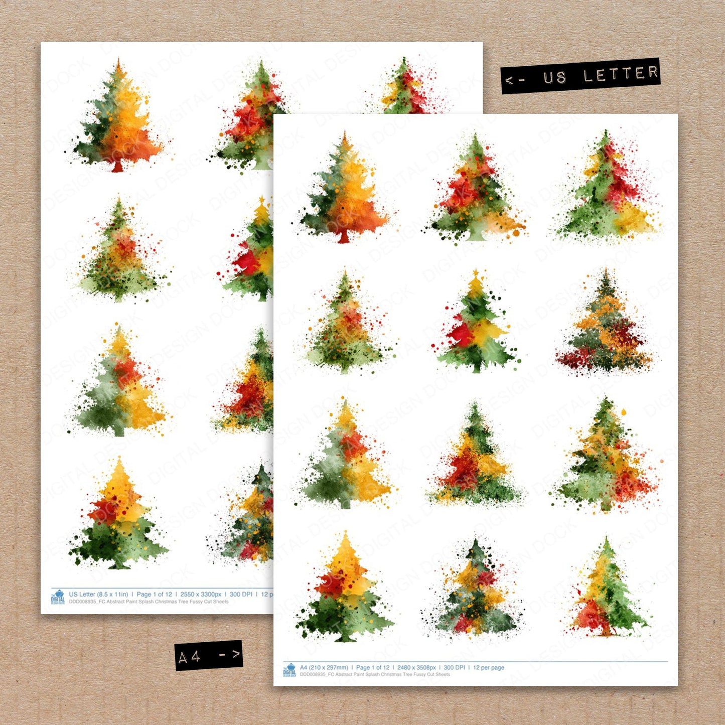 A4 and US Letter format comparison showing Abstract Paint Splash Christmas Tree fussy cut pages for print and cut crafting