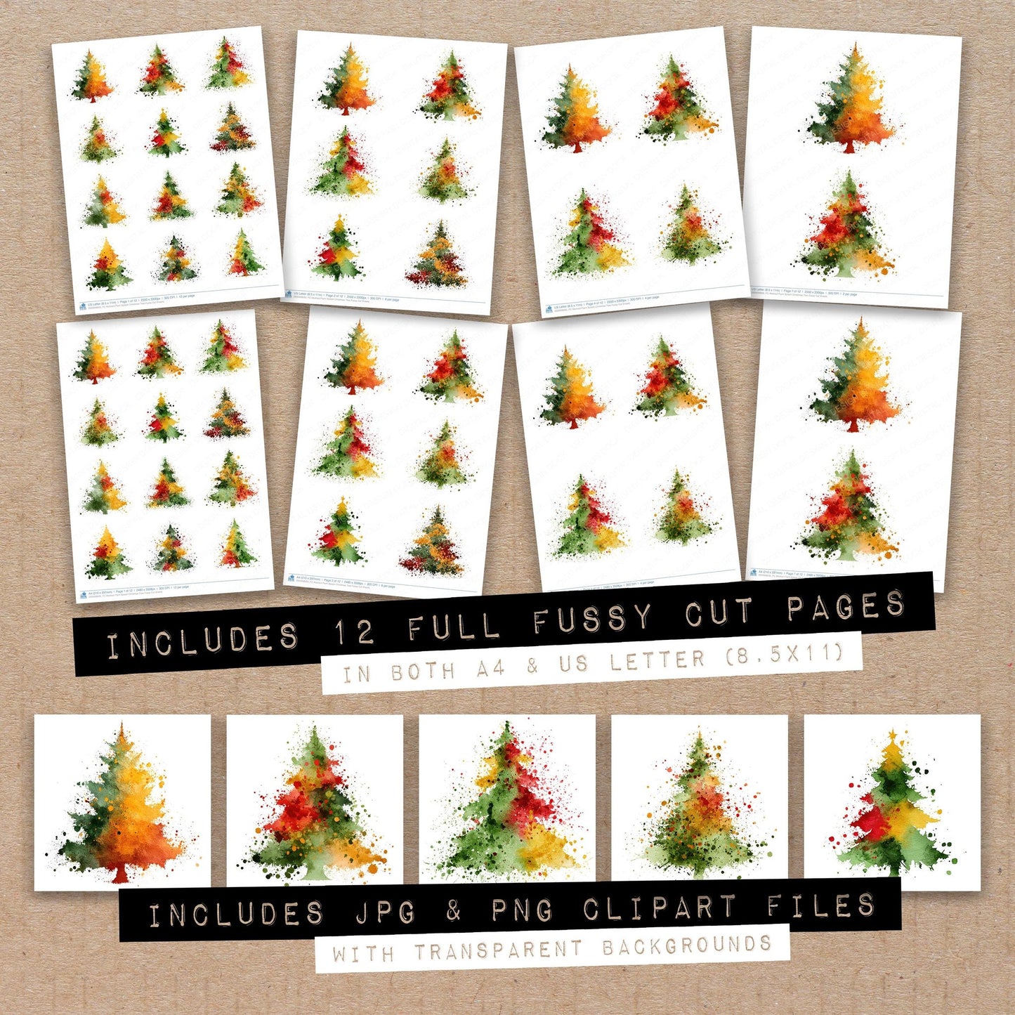 Full collection view of Abstract Paint Splash Christmas Tree fussy cut sheets with bonus clipart JPG and PNG files