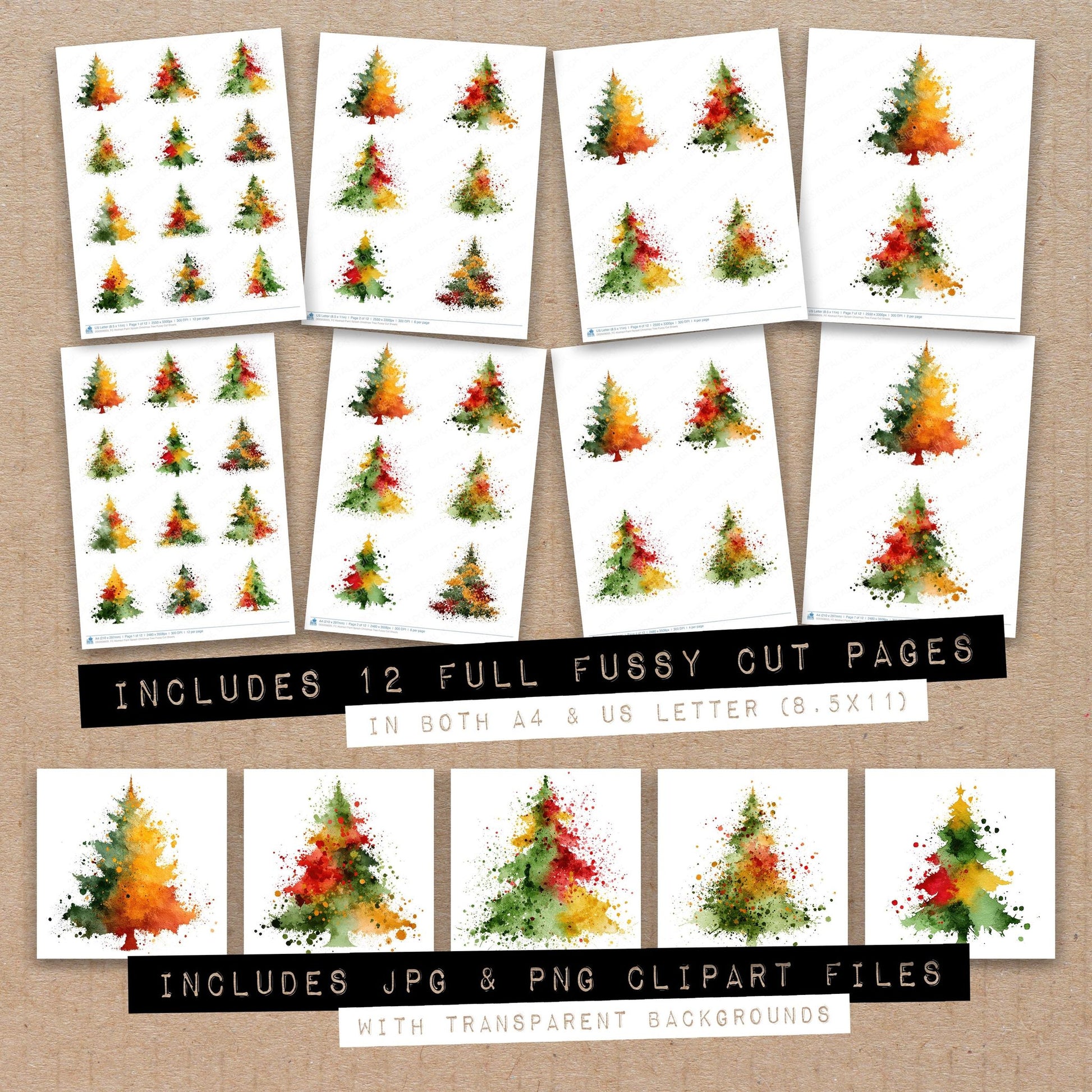 Full collection view of Abstract Paint Splash Christmas Tree fussy cut sheets with bonus clipart JPG and PNG files