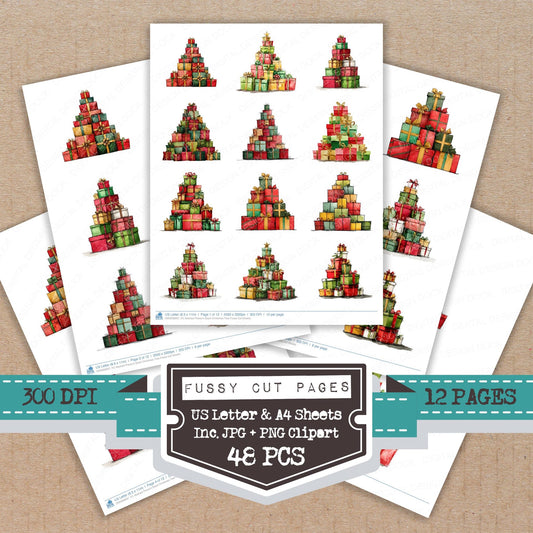 Abstract Present Stack Christmas Tree fussy cut printable sheets for junk journaling, scrapbooking, and paper craft projects