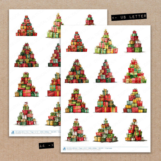A4 and US Letter format comparison showing Abstract Present Stack Christmas Tree fussy cut pages for print and cut crafting
