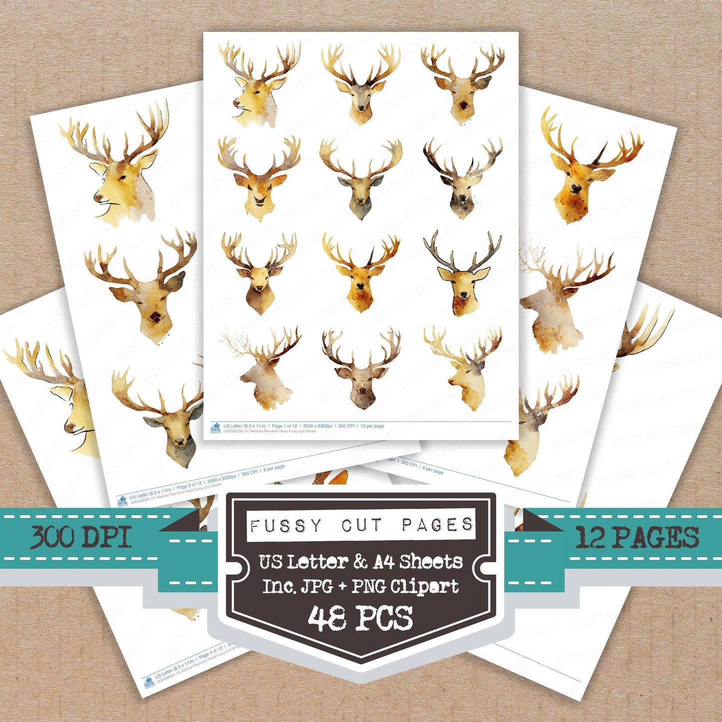 Abstract Reindeer Head fussy cut printable sheets for junk journaling, scrapbooking, and paper craft projects