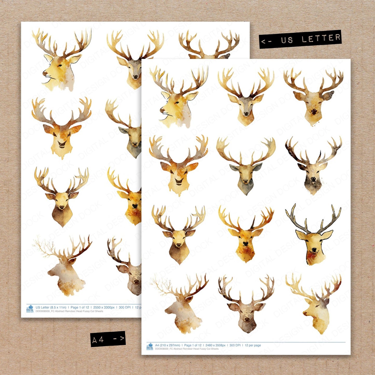 A4 and US Letter format comparison showing Abstract Reindeer Head fussy cut pages for print and cut crafting