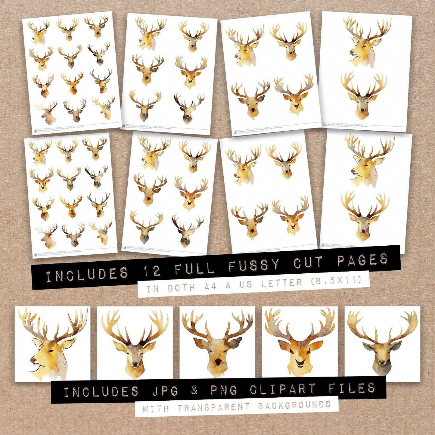 Full collection view of Abstract Reindeer Head fussy cut sheets with bonus clipart JPG and PNG files