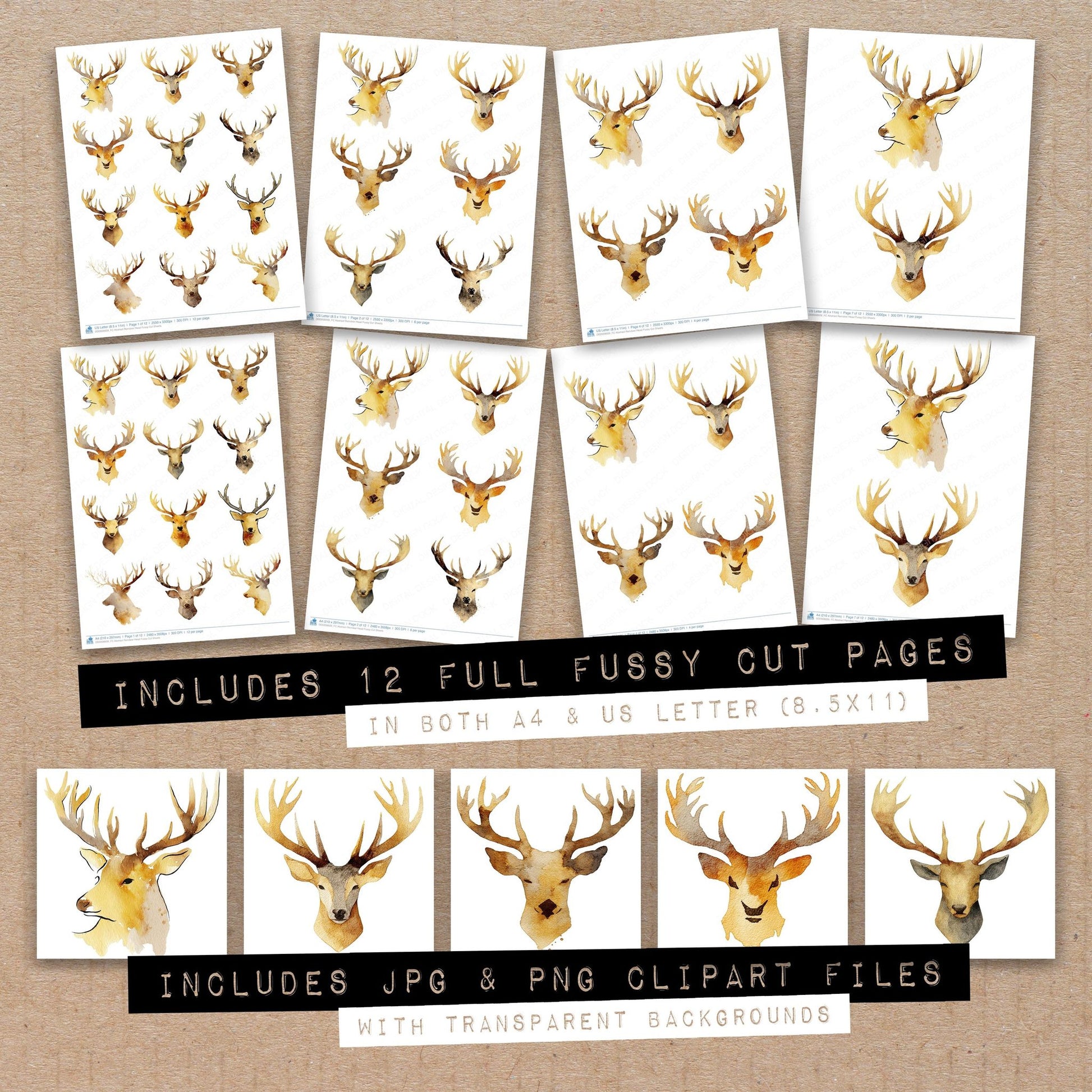 Full collection view of Abstract Reindeer Head fussy cut sheets with bonus clipart JPG and PNG files