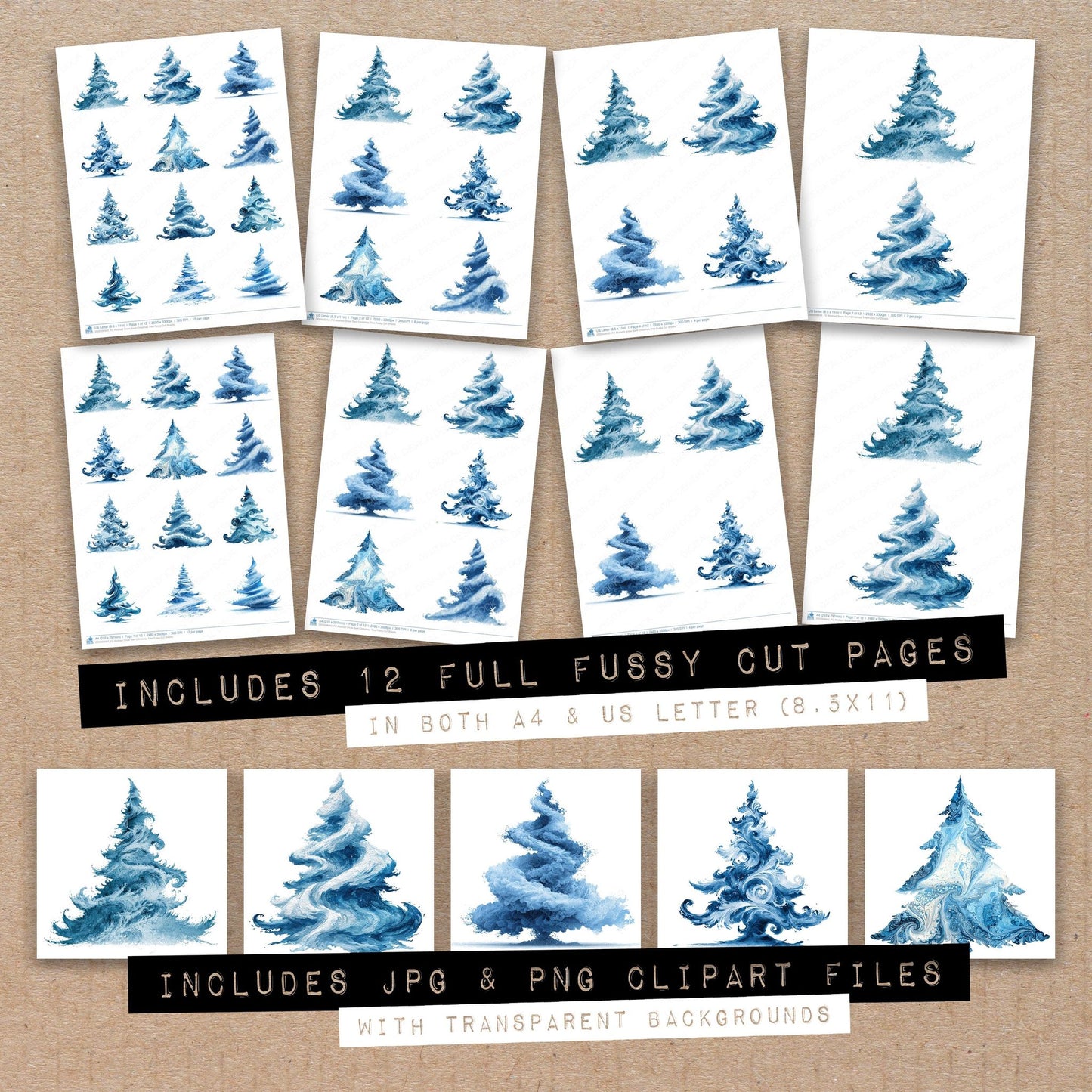 Full collection view of Abstract Snow Swirl Christmas Tree fussy cut sheets with bonus clipart JPG and PNG files