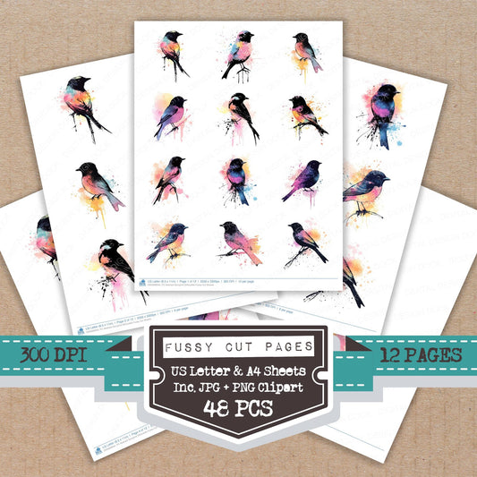 Abstract Songbird Silhouette fussy cut printable sheets for junk journaling, scrapbooking, and paper craft projects