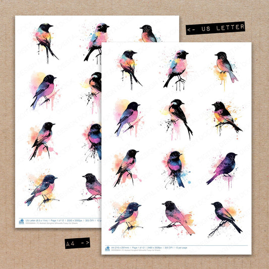 A4 and US Letter format comparison showing Abstract Songbird Silhouette fussy cut pages for print and cut crafting