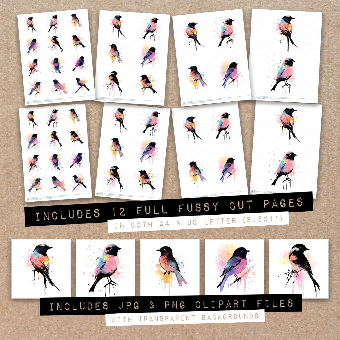 Full collection view of Abstract Songbird Silhouette fussy cut sheets with bonus clipart JPG and PNG files