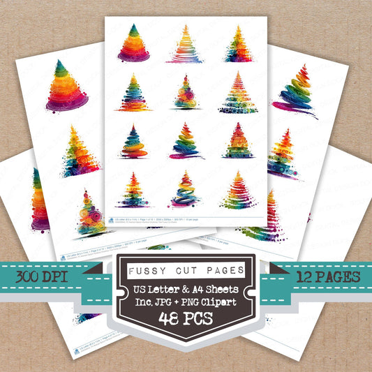 Abstract Splash Rainbow Christmas Tree fussy cut printable sheets for junk journaling, scrapbooking, and paper craft projects