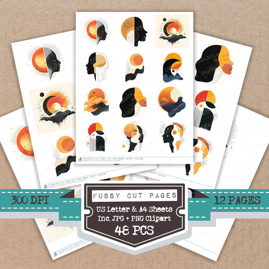 Abstract Sun and Moon Face fussy cut printable sheets for junk journaling, scrapbooking, and paper craft projects