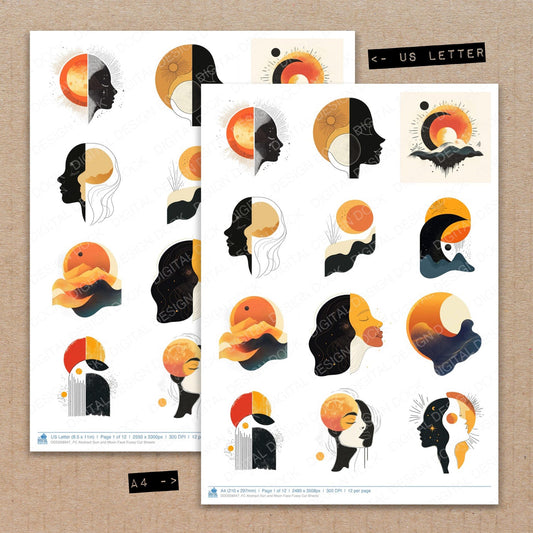 A4 and US Letter format comparison showing Abstract Sun and Moon Face fussy cut pages for print and cut crafting
