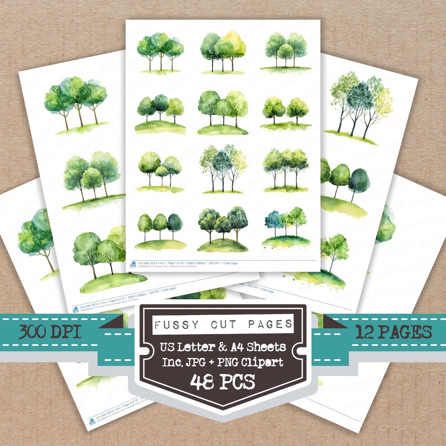 Abstract Tree Landscape fussy cut printable sheets for junk journaling, scrapbooking, and paper craft projects
