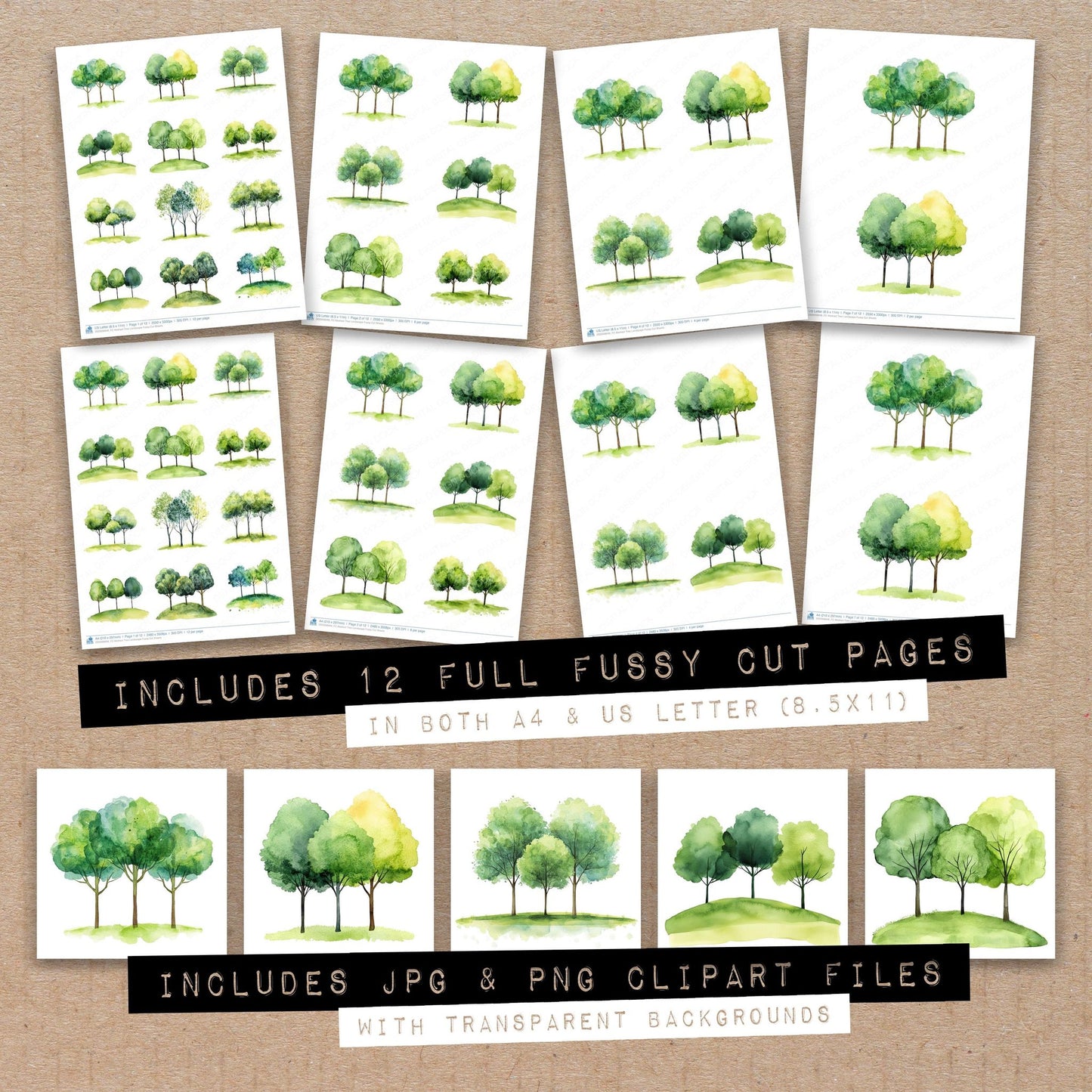 Full collection view of Abstract Tree Landscape fussy cut sheets with bonus clipart JPG and PNG files