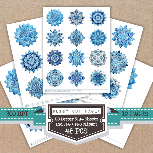 Abstract Watercolour Snowflake fussy cut printable sheets for junk journaling, scrapbooking, and paper craft projects