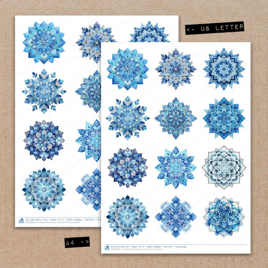 A4 and US Letter format comparison showing Abstract Watercolour Snowflake fussy cut pages for print and cut crafting