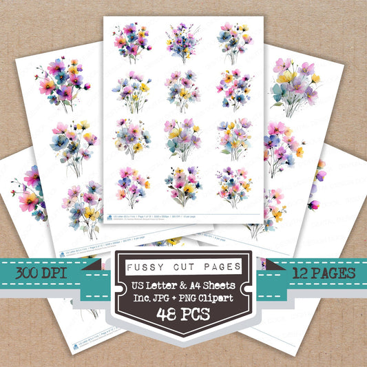 Abstract Wildflower Bouquet fussy cut printable sheets for junk journaling, scrapbooking, and paper craft projects
