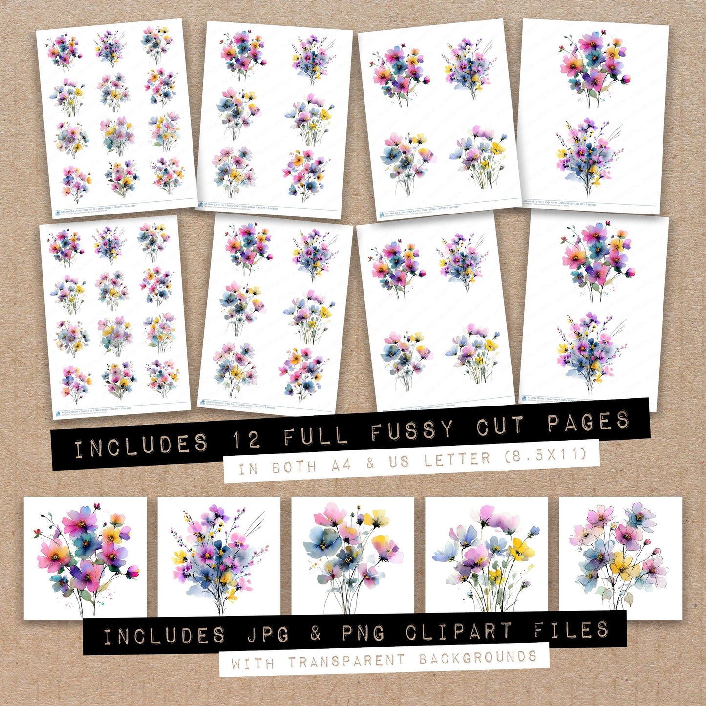 Full collection view of Abstract Wildflower Bouquet fussy cut sheets with bonus clipart JPG and PNG files