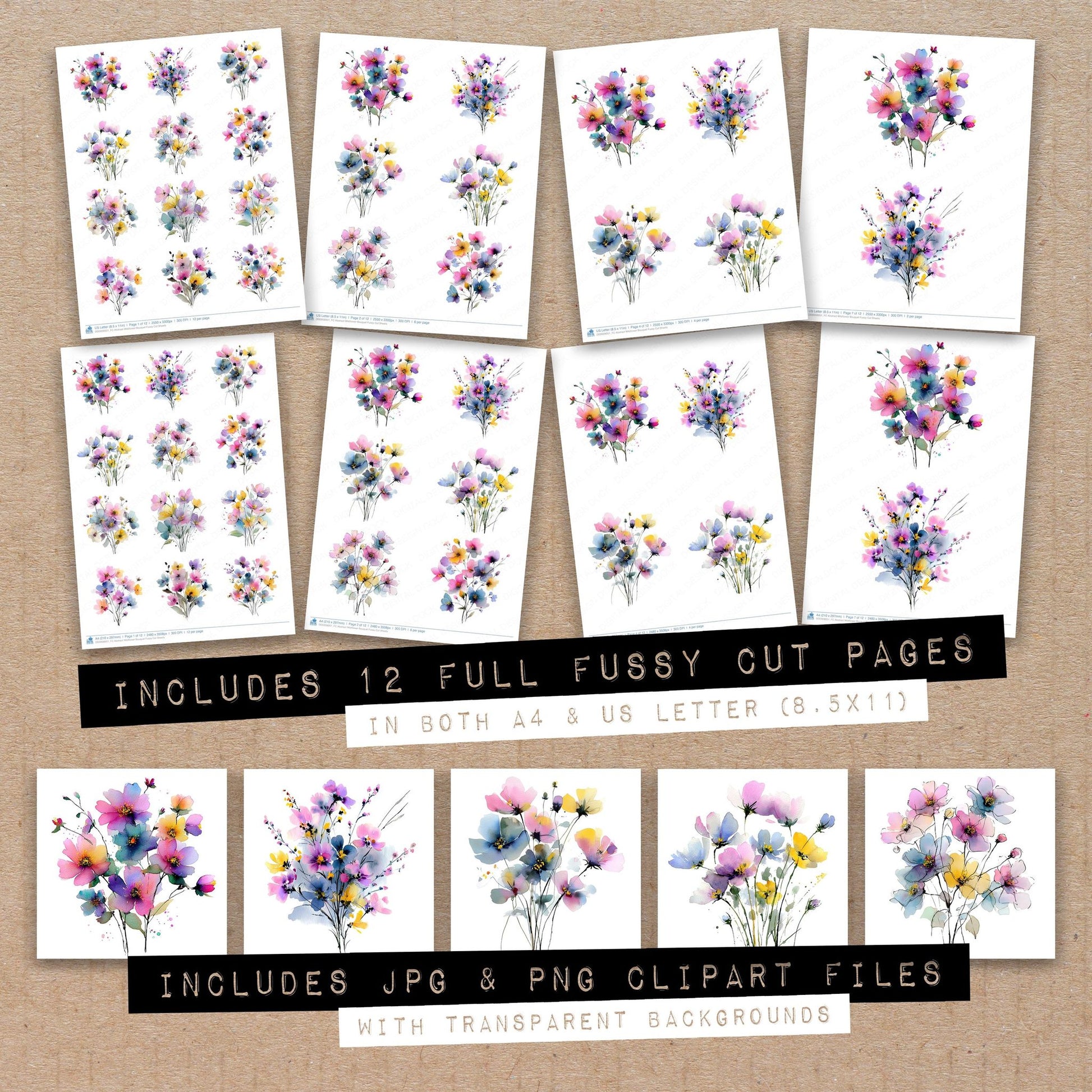 Full collection view of Abstract Wildflower Bouquet fussy cut sheets with bonus clipart JPG and PNG files