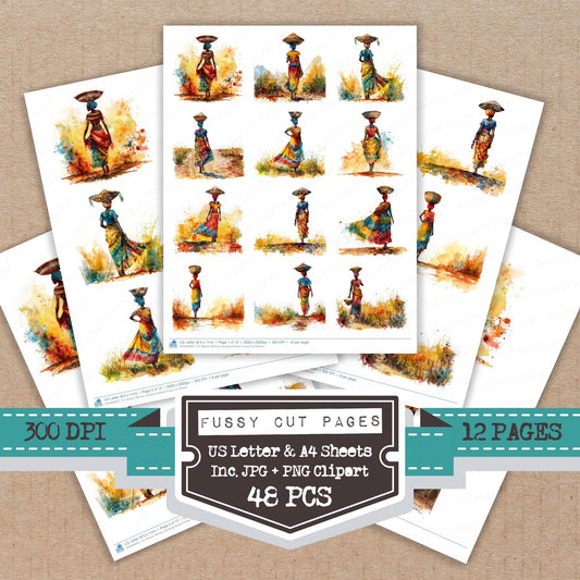 African Woman Carrying Basket fussy cut printable sheets for junk journaling, scrapbooking, and paper craft projects