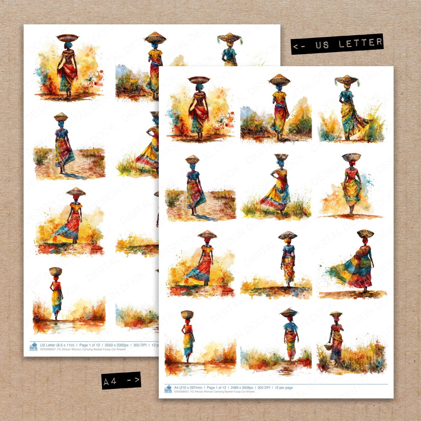 A4 and US Letter format comparison showing African Woman Carrying Basket fussy cut pages for print and cut crafting